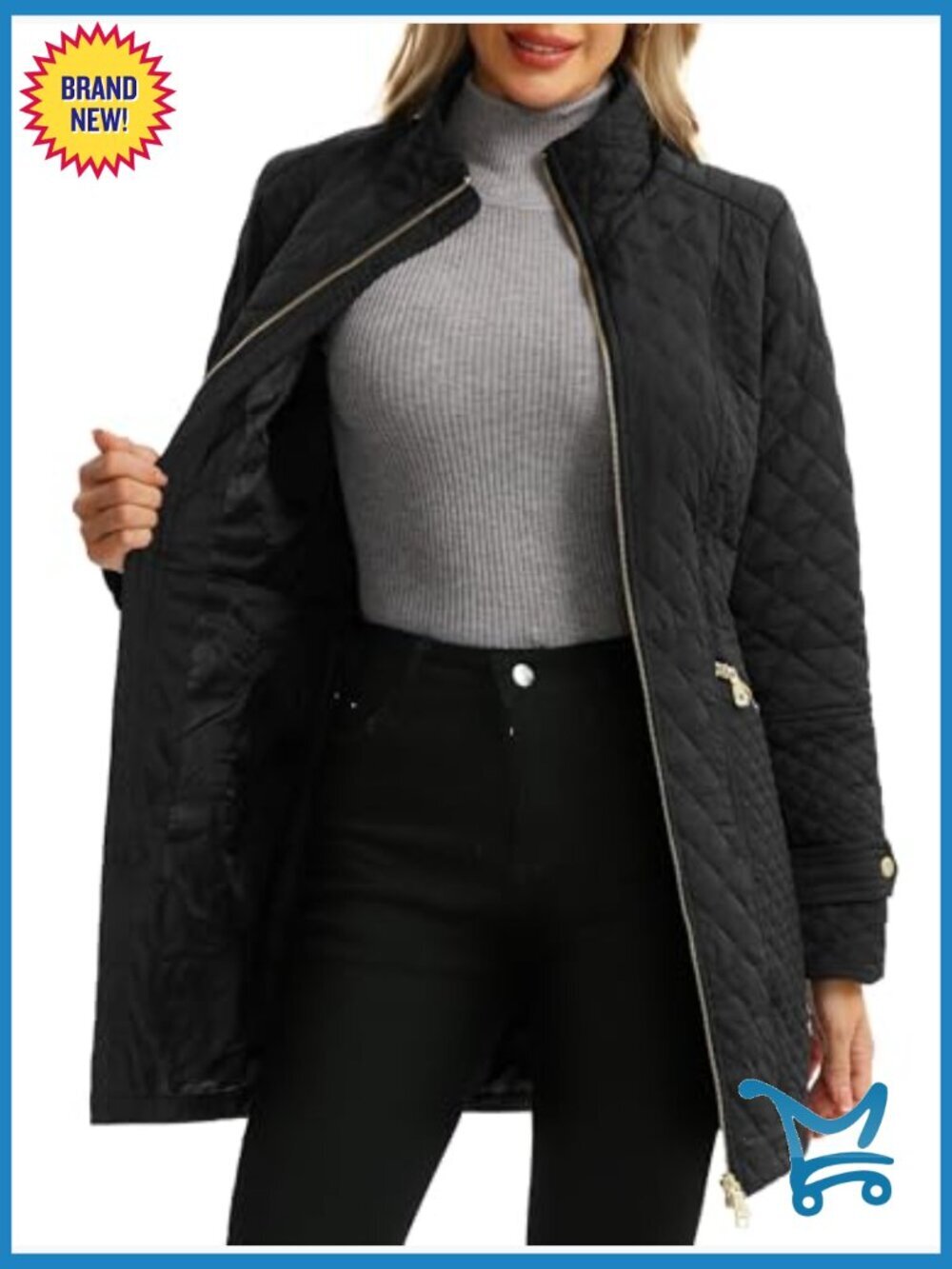 Plus Size Quilted Lightweight Jacket Long Stand Collar Zip Front Spring Fall - Picture 5 of 7